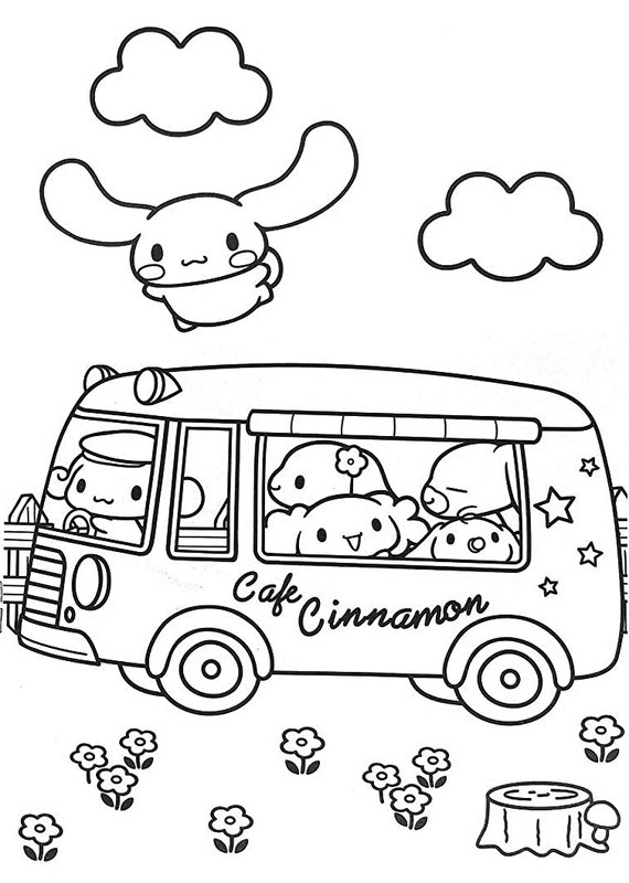 Cinnamoroll Café Cinnamon Autobús coloring page for children