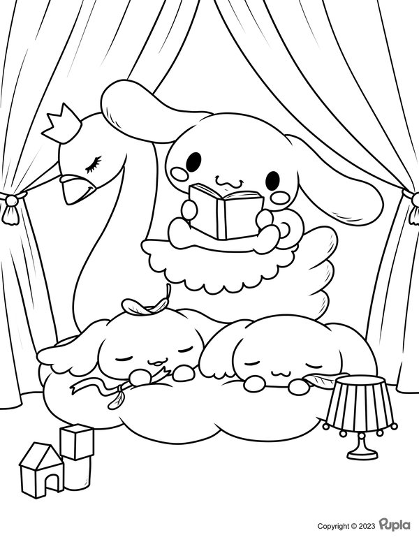 Cinnamoroll Reading Bedtime Stories coloring page for children