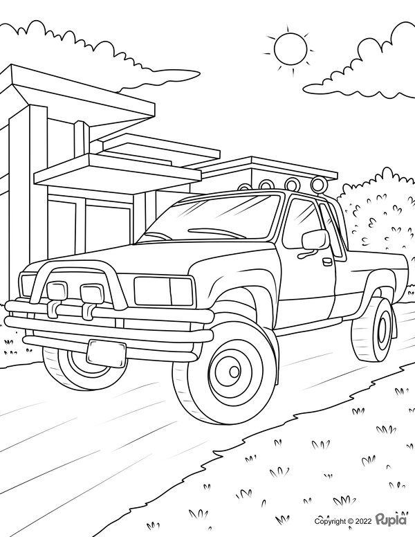 Coches Pick Up Camion En Frente Del Edificio coloring page for children