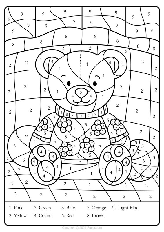 Color By Number Teddy Bear coloring page for children