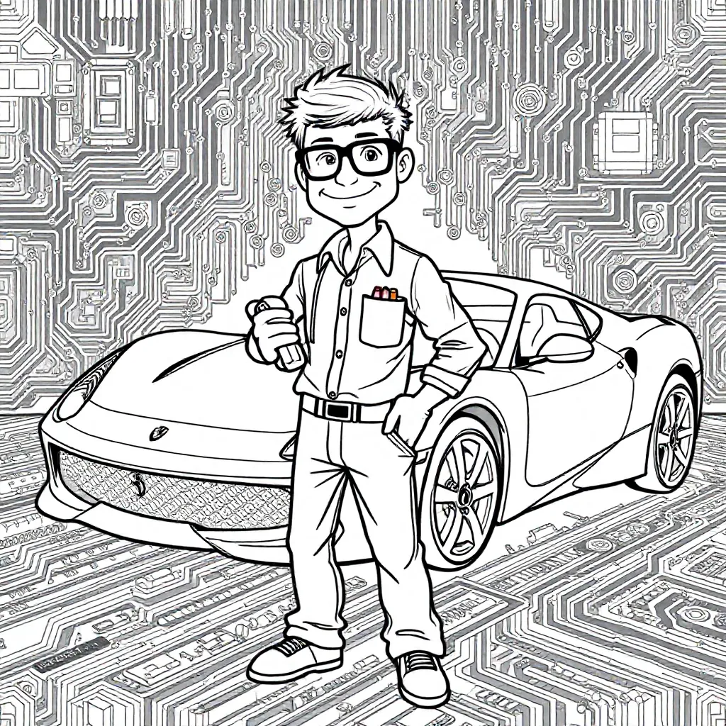 Computer Nerd Met Een Ferrari coloring page for children