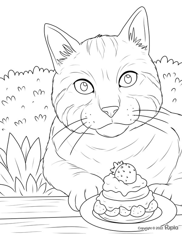 Cute Cat Strawberry Cake coloring page for children