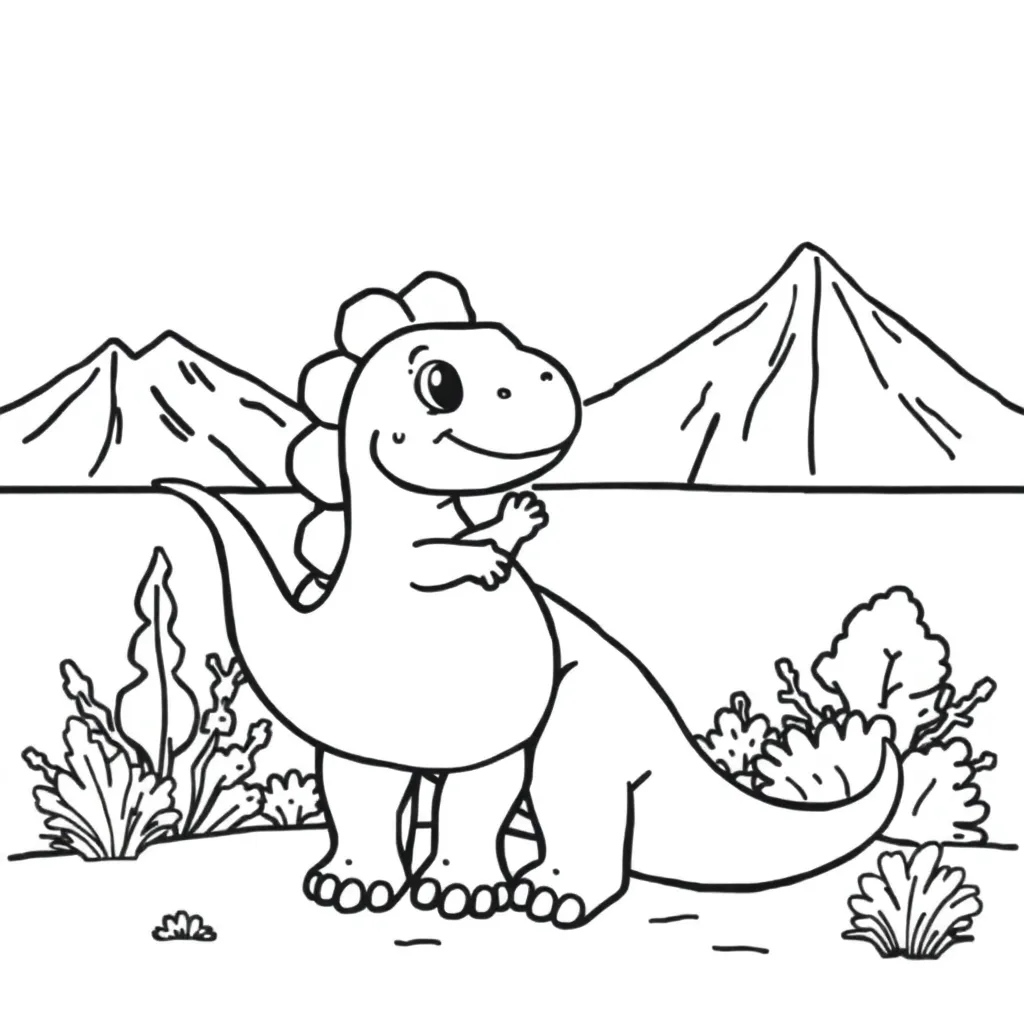 Plantilla de Coloreado Gratis Bebé Dinosaurio Prehistórico Dibujo Animado Aventura para Colorear