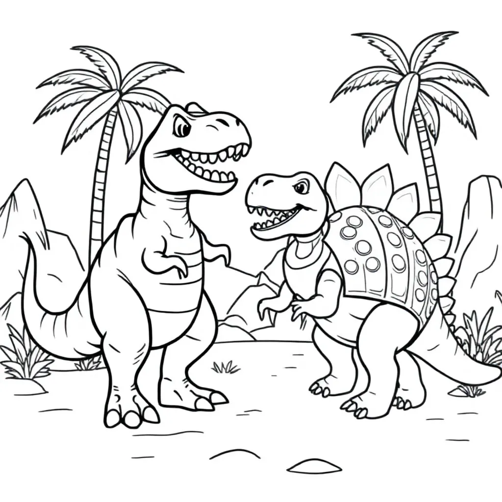 dinosaurus t-rex die vecht met een ankylosaurus kleurplaat voor kinderen