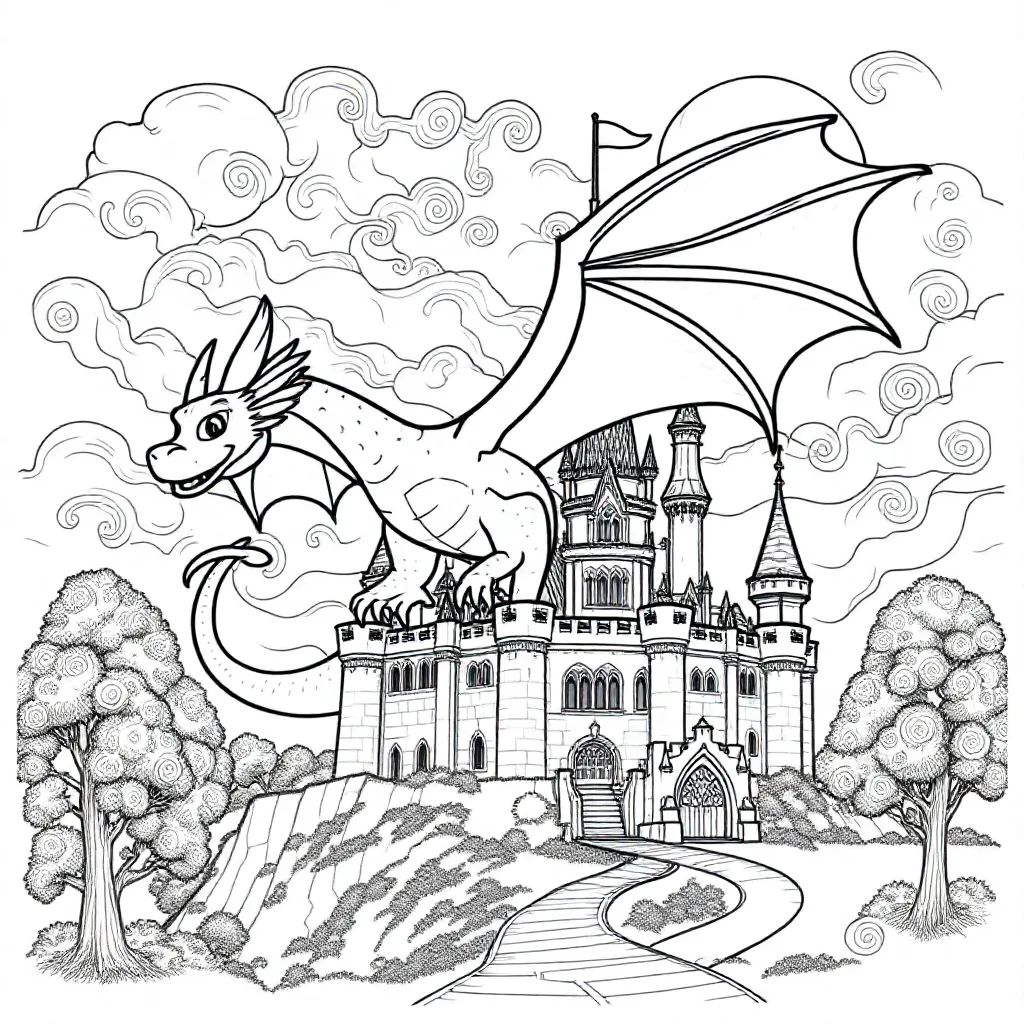 een magische draak die over een kasteel vliegt kleurplaat voor kinderen