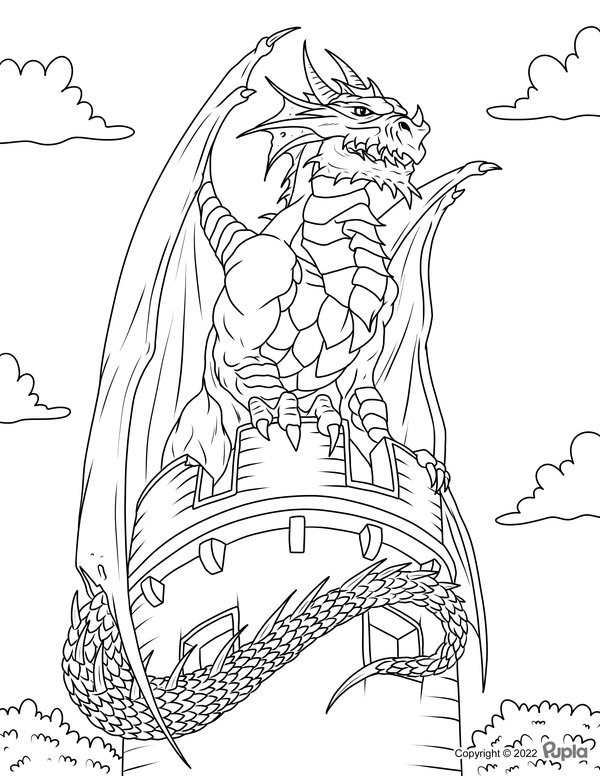 Drache auf der Burg coloring page for children