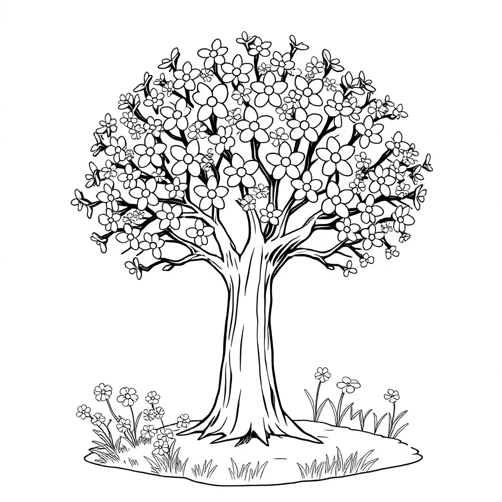 Een Bloesemboom Met Lentebloemen coloring page for children