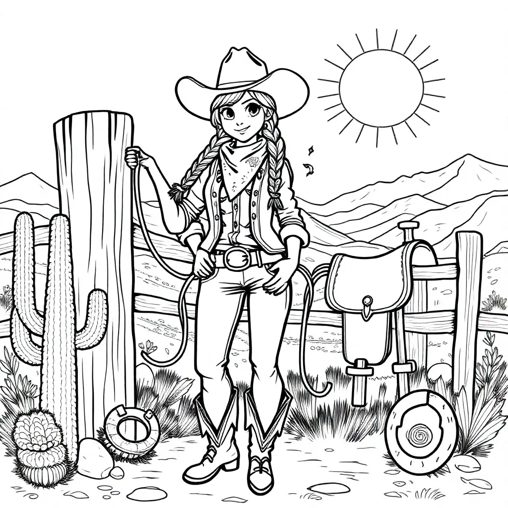 een cowgirl coloring page for children
