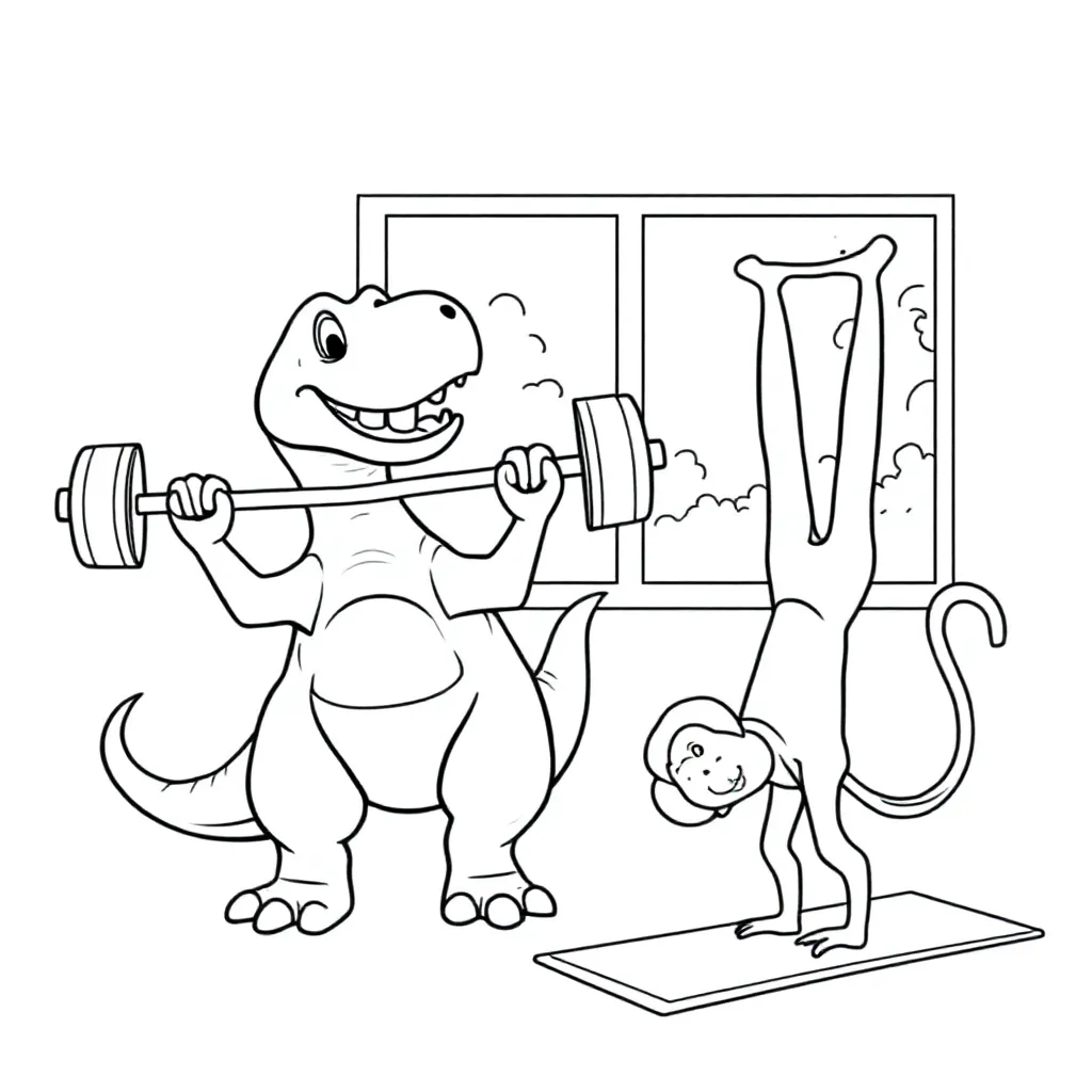 een dino en een aapje in de sportschool coloring page for children