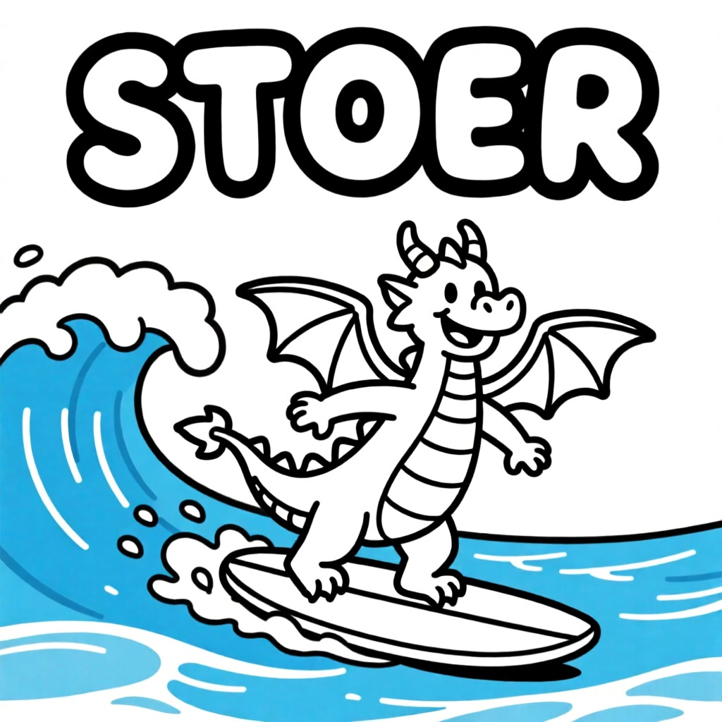 een draak die aan het surfen is op zee coloring page for children