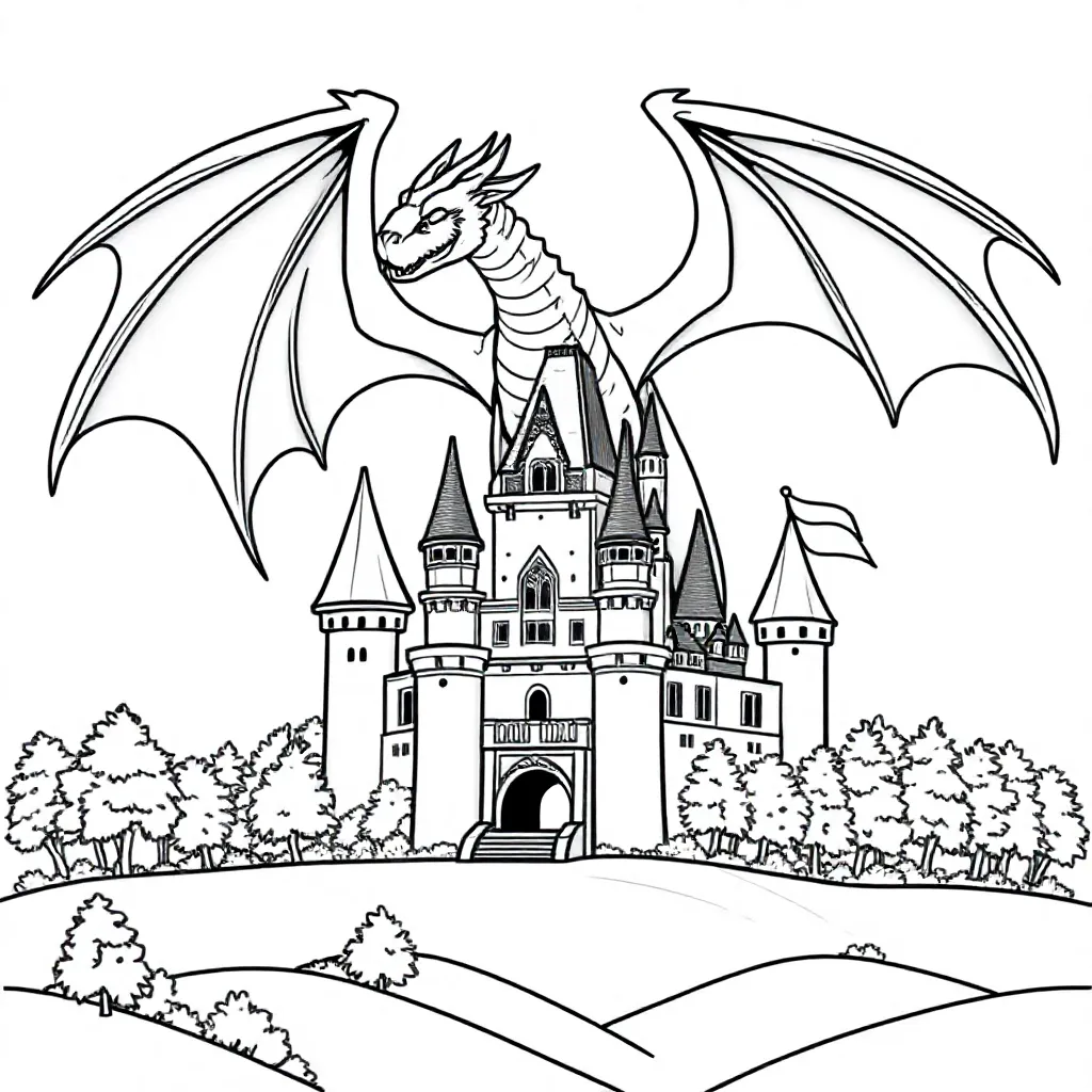 Een Draak Die Boven Een Middeleeuws Kasteel Vliegt coloring page for children