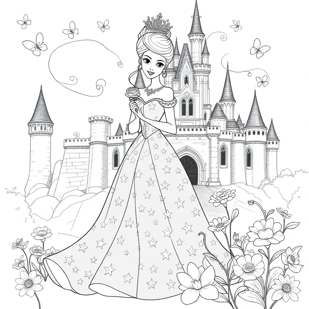 Een Elegante Prinses In Een Prachtige Jurk Met Sterren coloring page for children