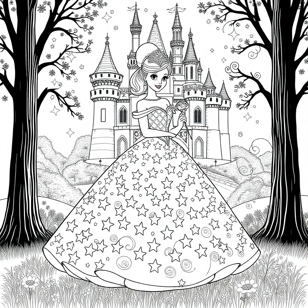 een elegante prinses in een prachtige jurk met sterrenv coloring page for children