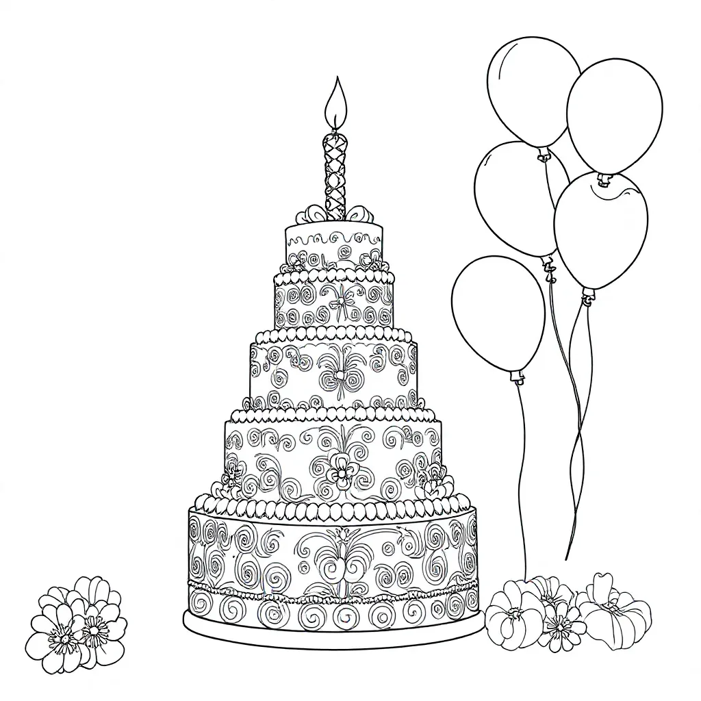 Een Gezellig Feest Niet Specifiek Met Taart Ballonen En G... coloring page for children