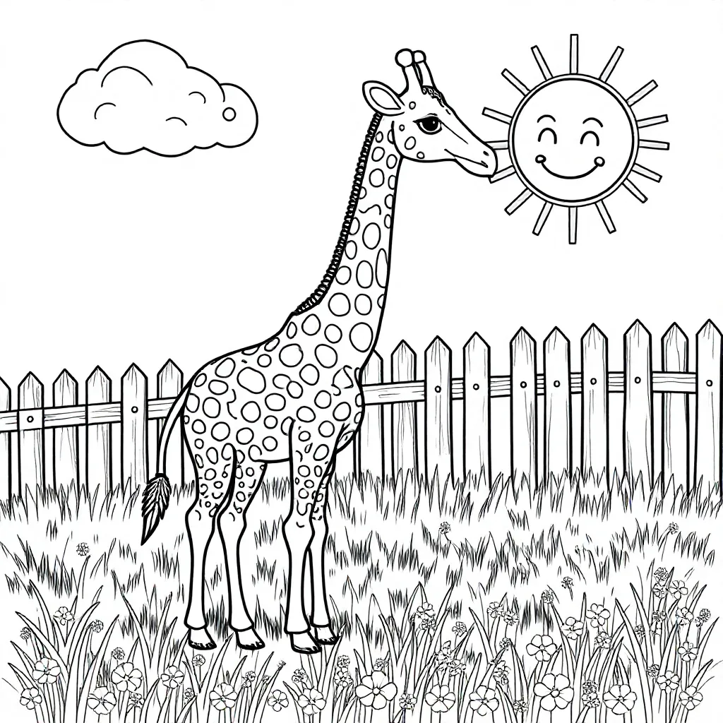 Een giraffe op het gras met een wolk en de zon en met een hek coloring page for children