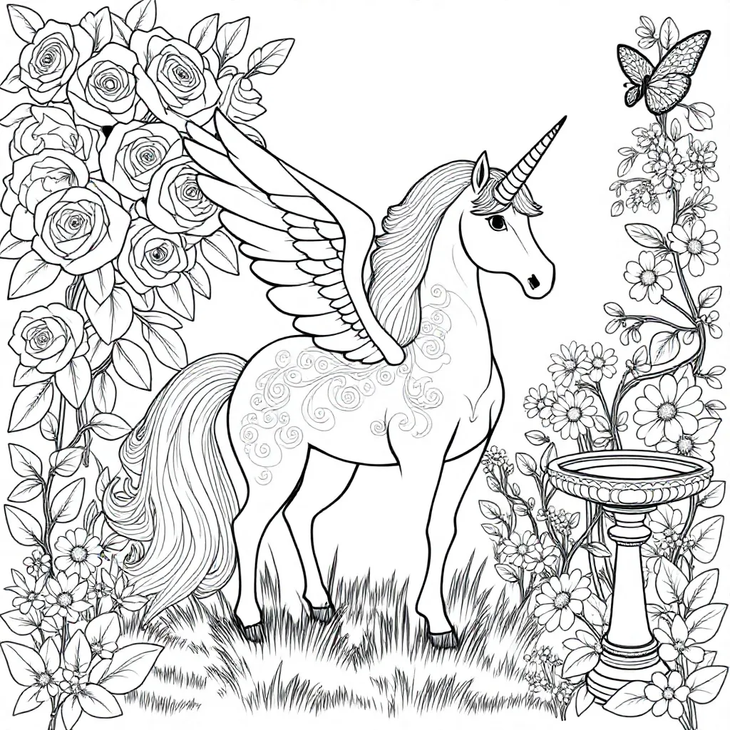 Een Glanzende Eenhoorn Met Vleugels In Een Bloementuin coloring page for children