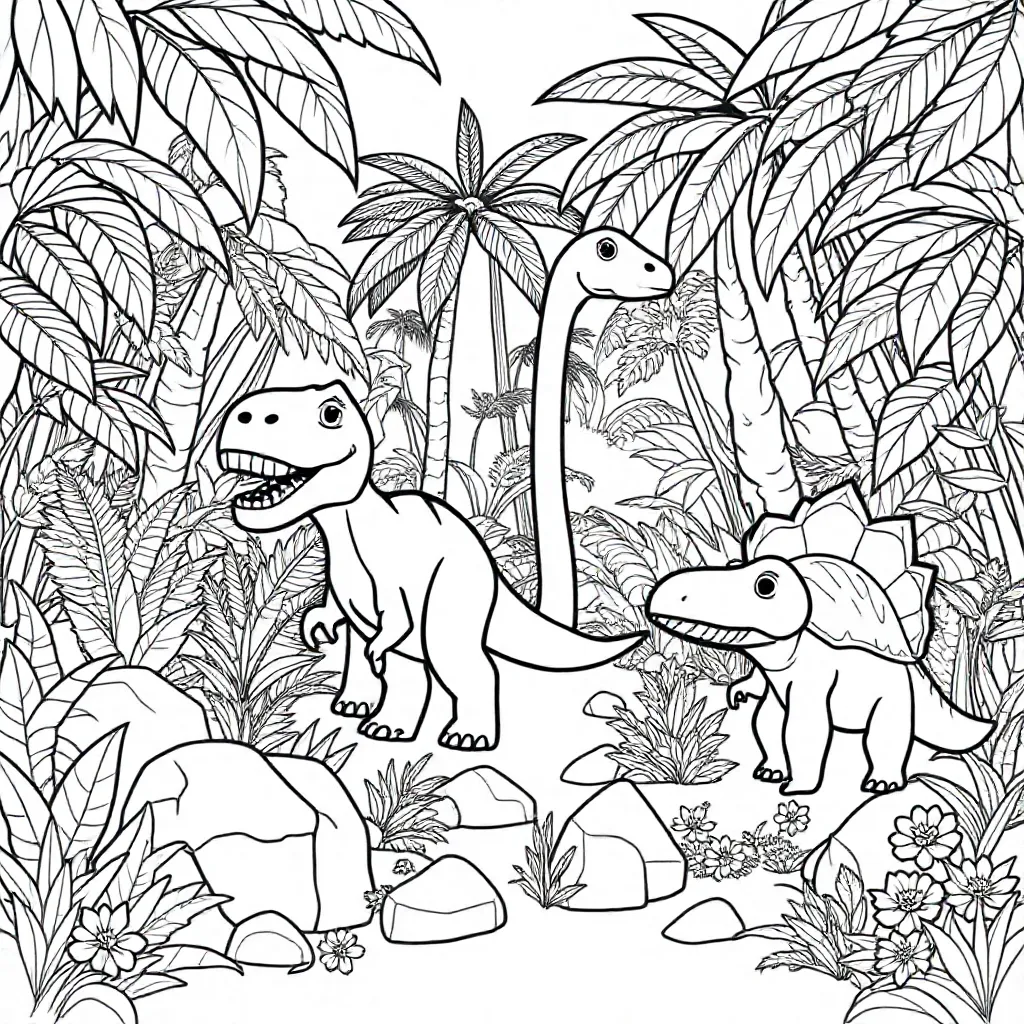 Een Groep Dinosaurussen Die Rondlopen In Een Oerwoud coloring page for children