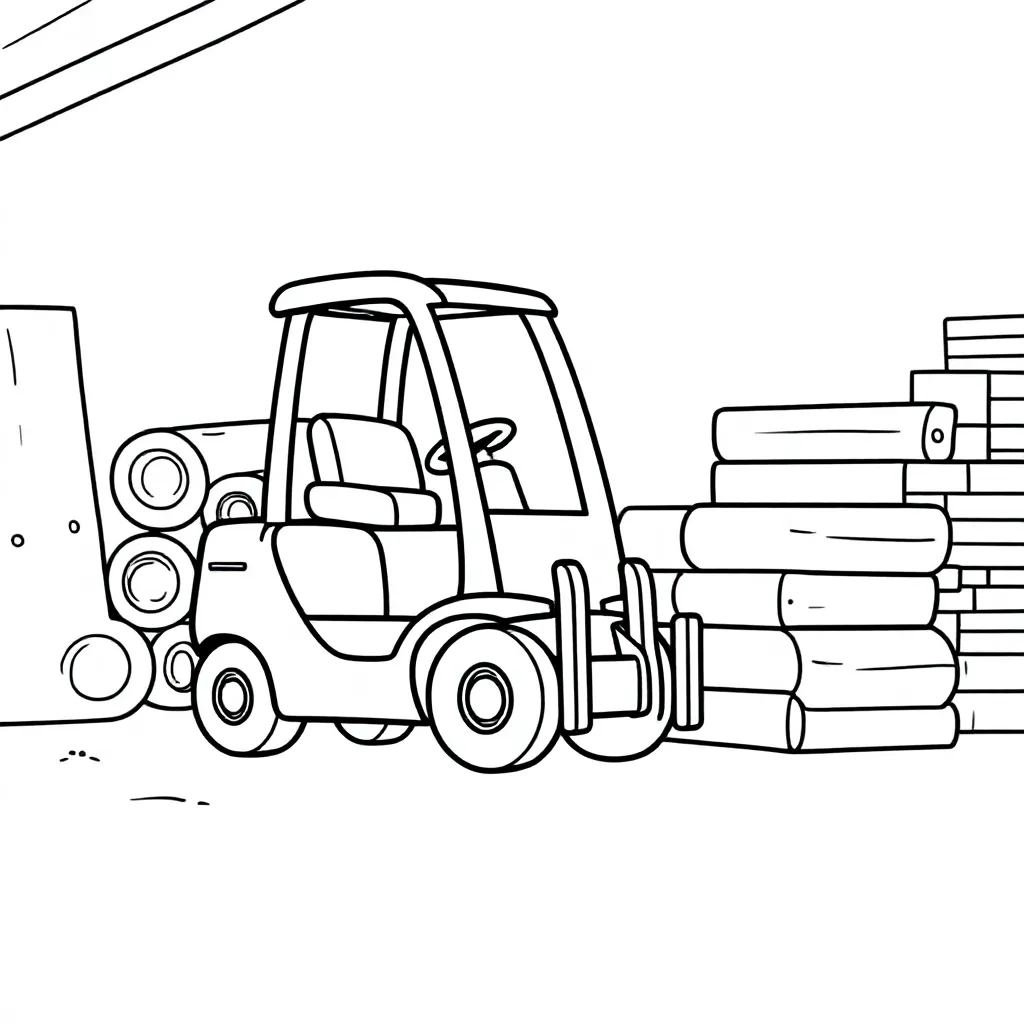 een heftruck met boomstammen en opgestapeld hout in een werkplaats