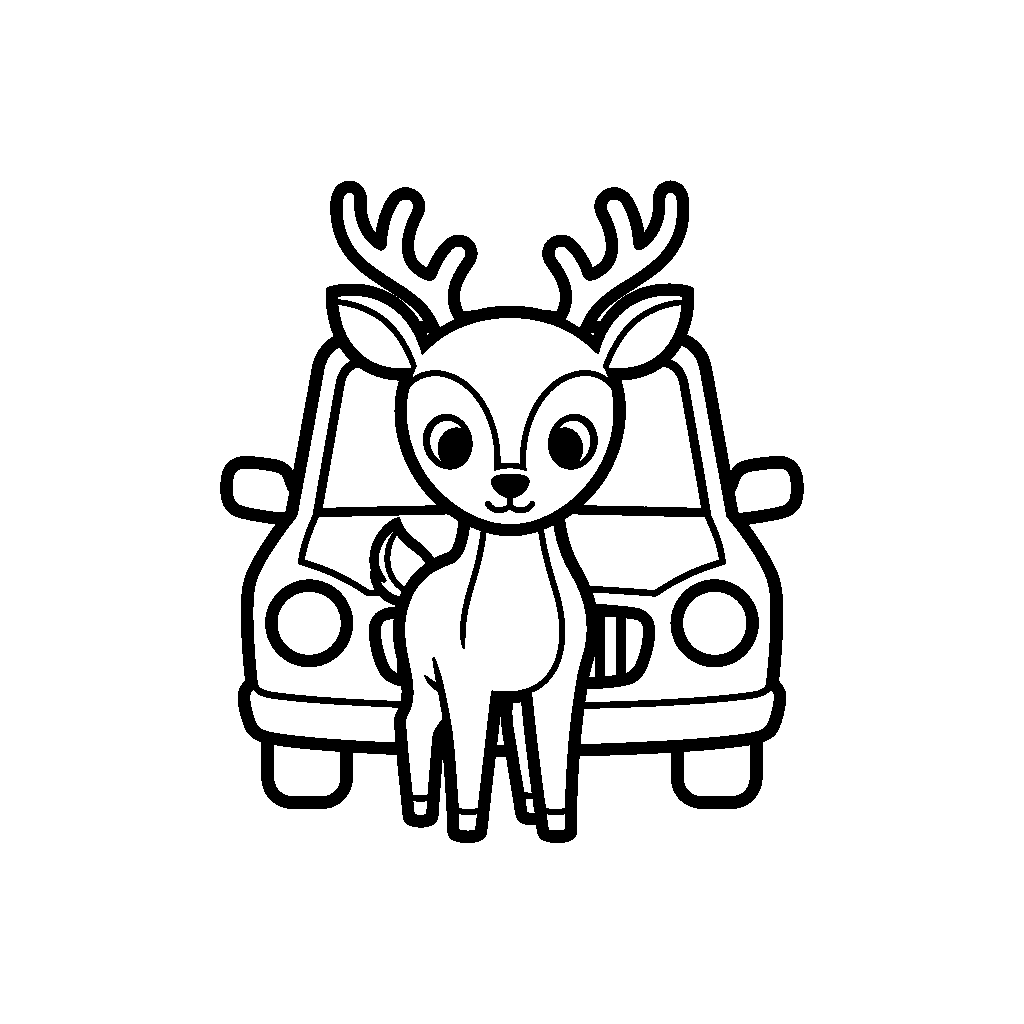 een hertje die in de koplampen van een auto kijkt coloring page for children