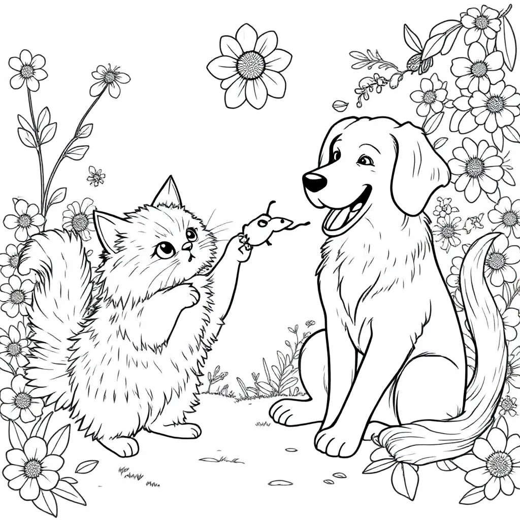 Een Kat En Hond Die Samen Aan Het Spelen Zijn coloring page for children