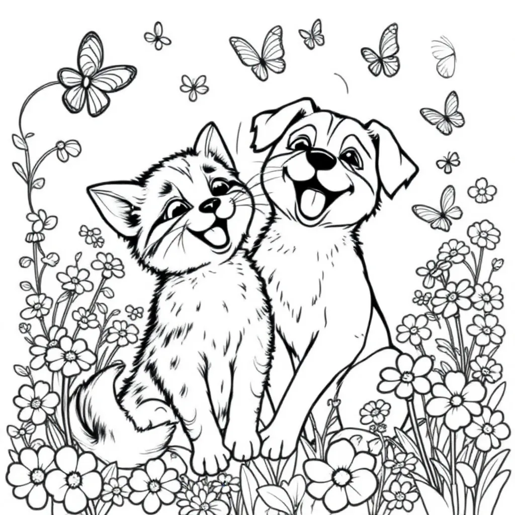 Een Kat En Hond Die Samen Aan Het Spelen Zijn Kleurplaat coloring page for children