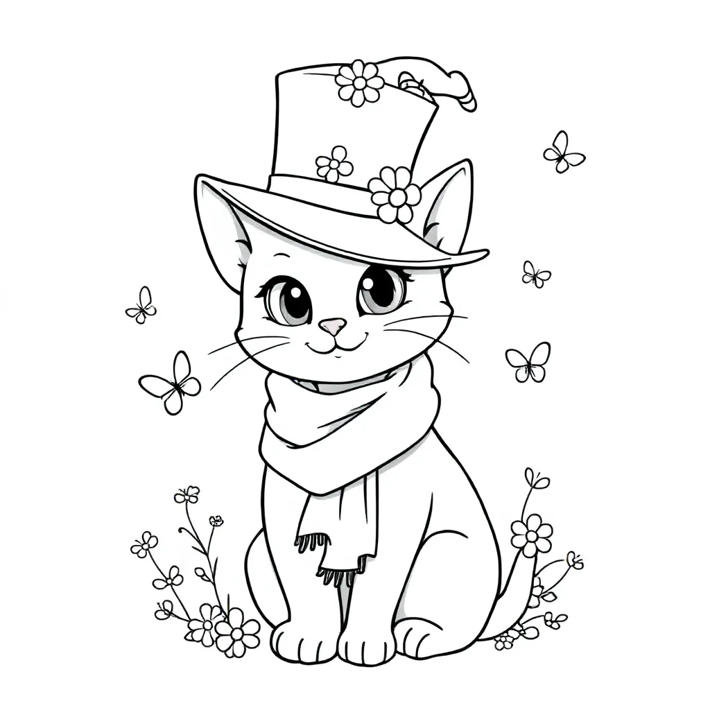 Een Kat Met Een Hoed En Een Sjaaltje Aan coloring page for children