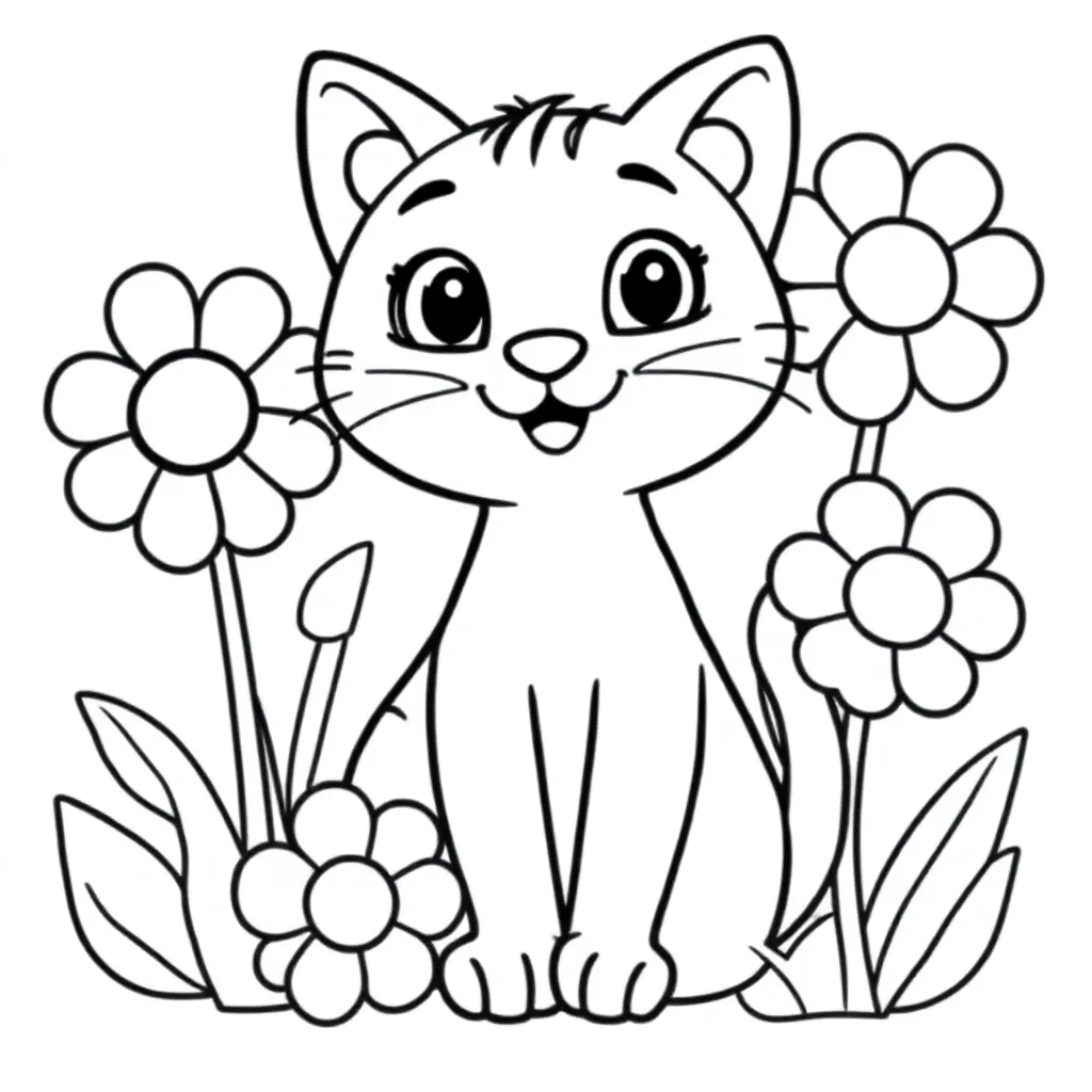 Een Kat Verstopt Tussen Bloemen coloring page for children