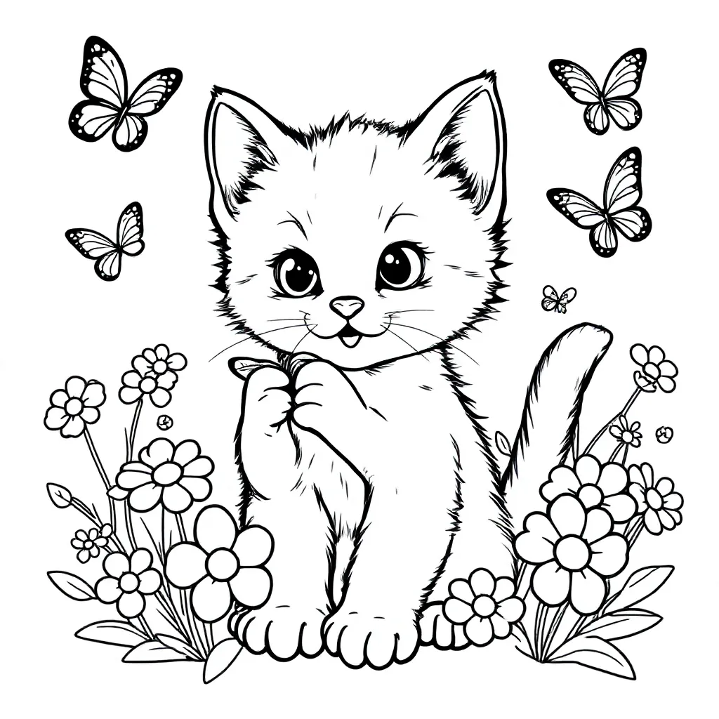 Een Kitten Die Speelt Met Daar Rond Bloemetjes En Vlinders coloring page for children
