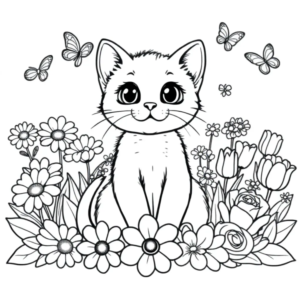 Een Kitten Met Daar Rond Bloemetjes En Vlinders coloring page for children