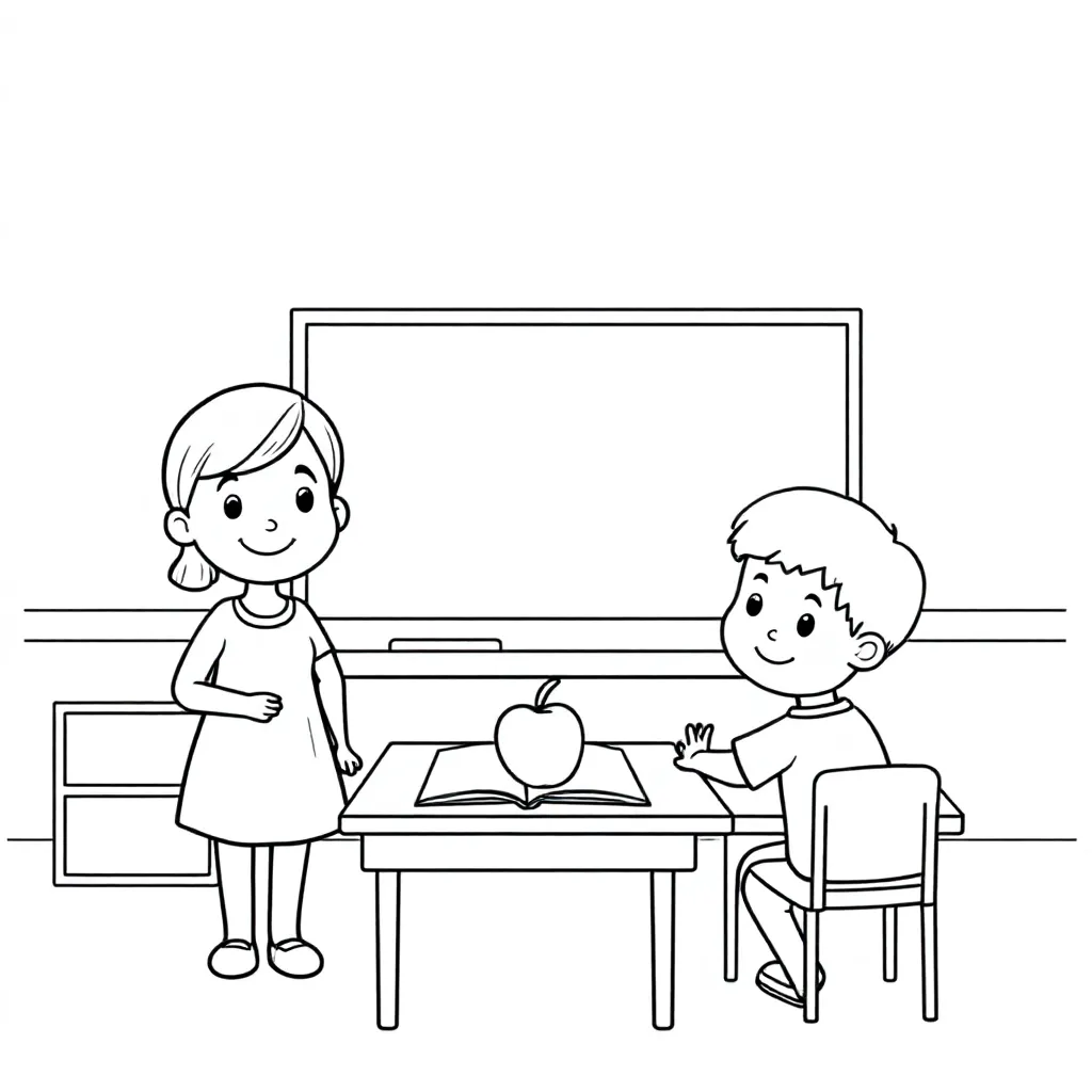 een klaslokaal met kinderen een een jonge juf coloring page for children