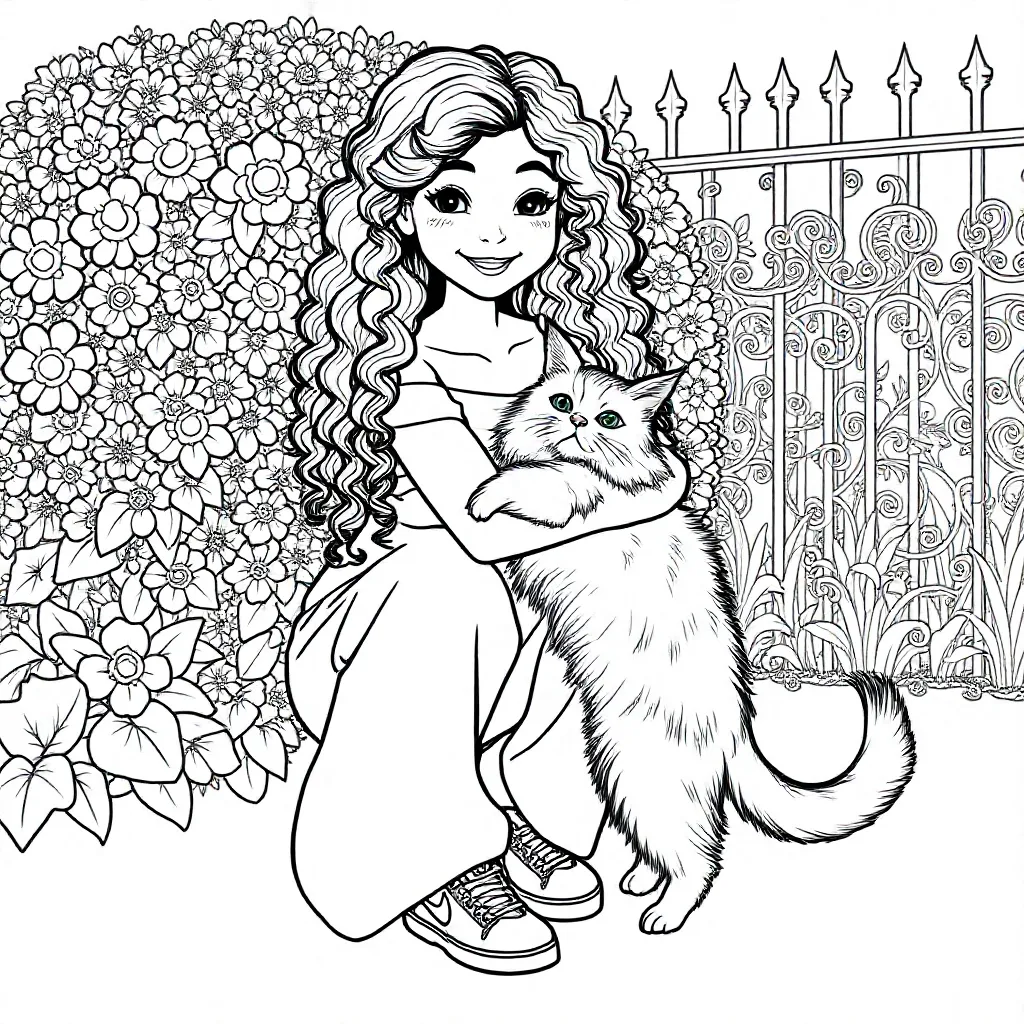 Een kleurplaat van een glimlachende meisje met blosjes en lang krullend haar. Als kleding ene off sh