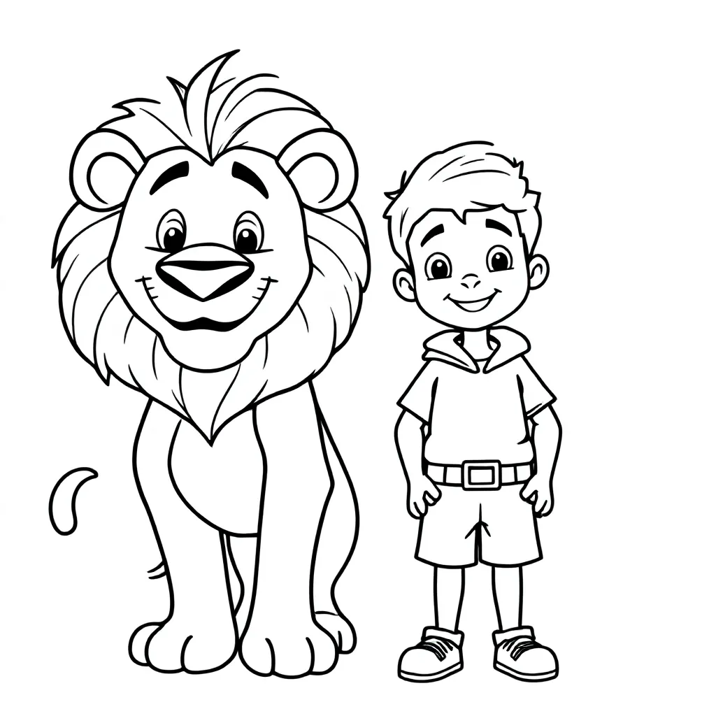 een leeuw en een jongen op avontuur coloring page for children