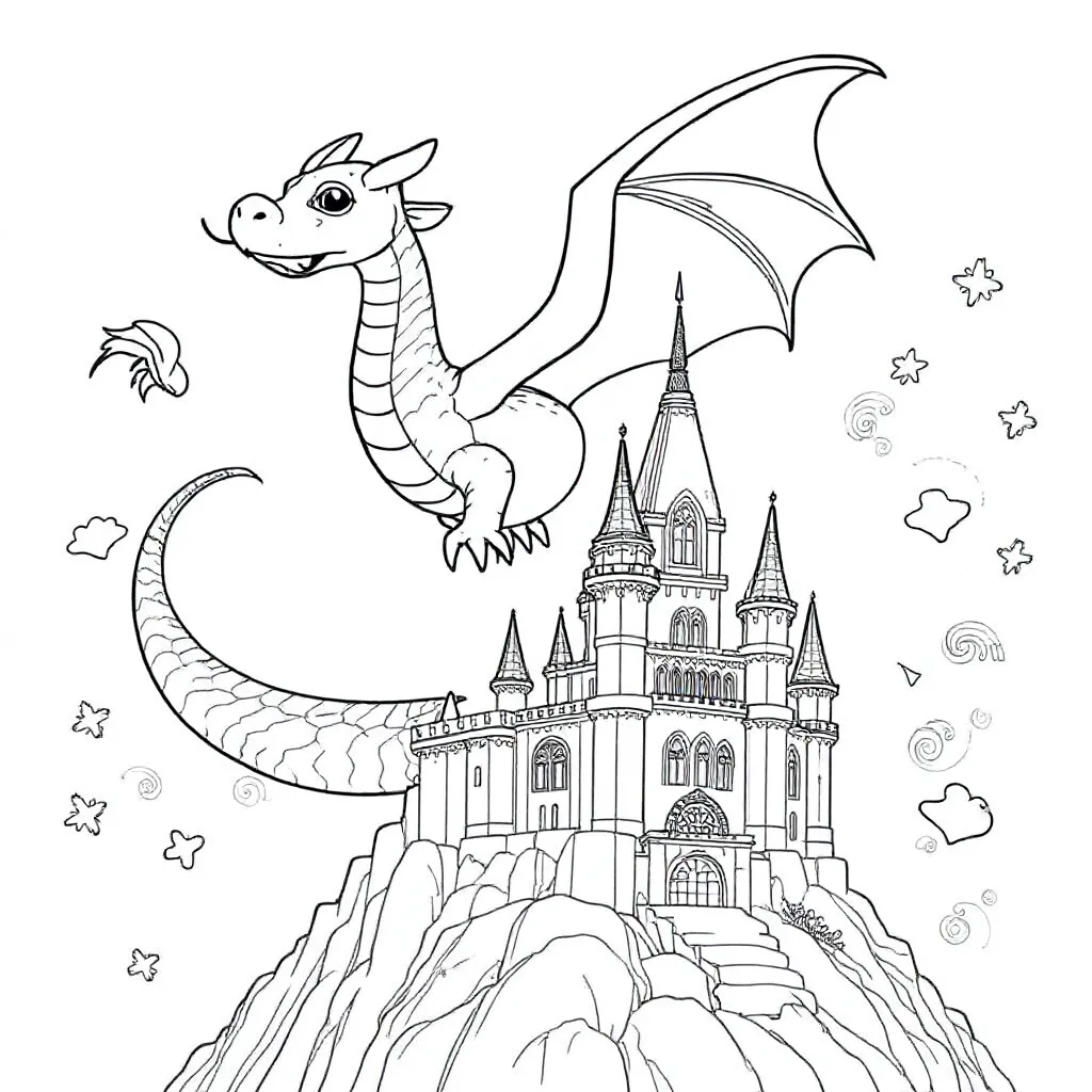 een magische draak die over een kasteel vliegt coloring page for children