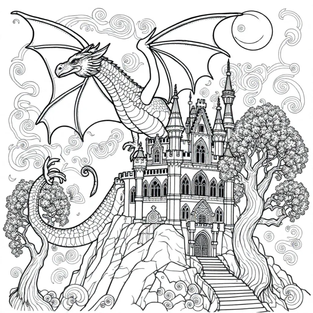 een magische draak die over een kasteel vliegt kleurplaat voor kinderen