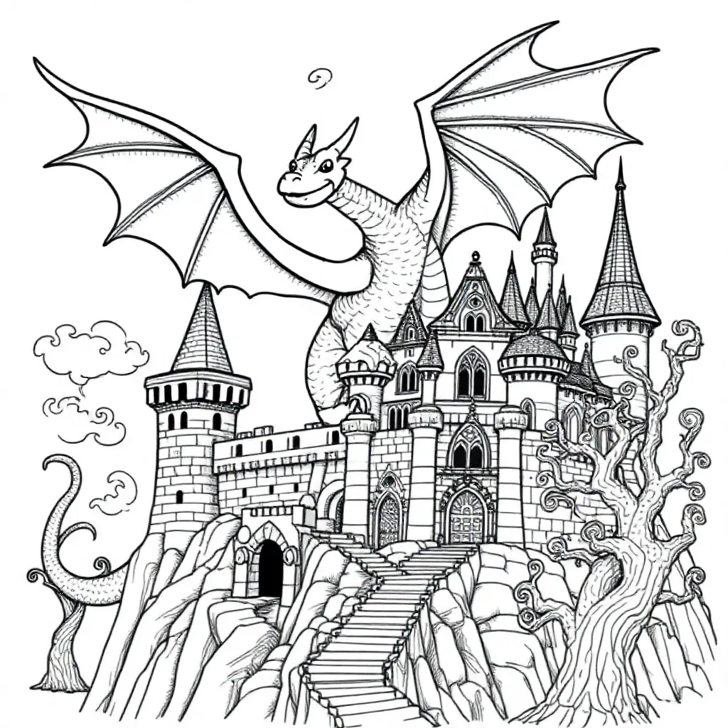 een magische draak die over een kasteel vliegt kleurplaat voor kinderen