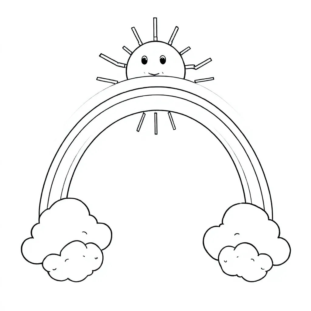 een magische regenboog met wolken en zonnestralen coloring page for children