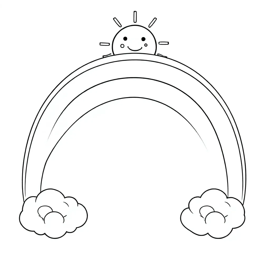 een magische regenboog met wolken en zonnestralen coloring page for children