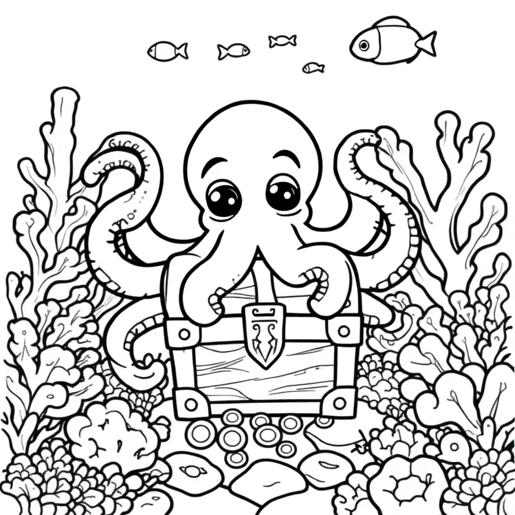 Free Coloring Page: "A Mysterious Octopus Guarding a Treasure Chest"