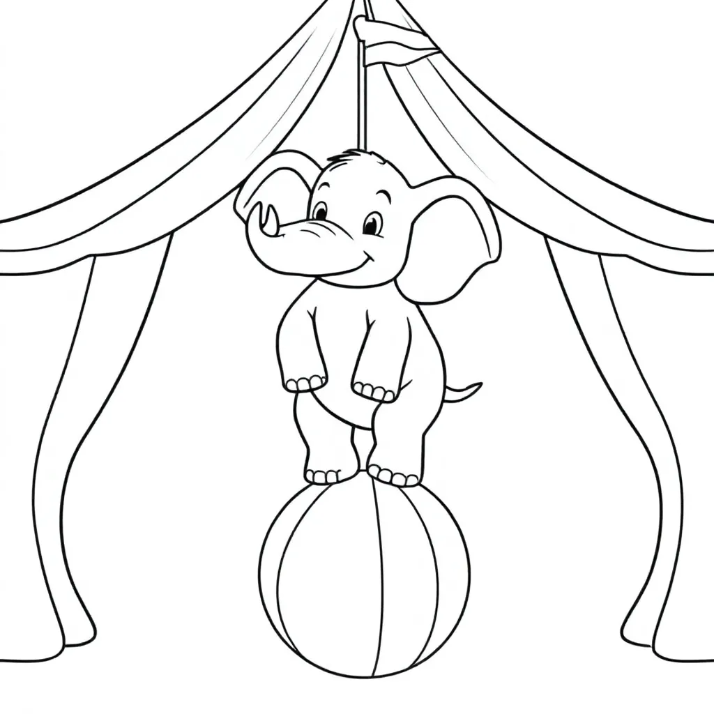 Een Olifant Op Een Ronde Bal In Een Circus Tent coloring page for children