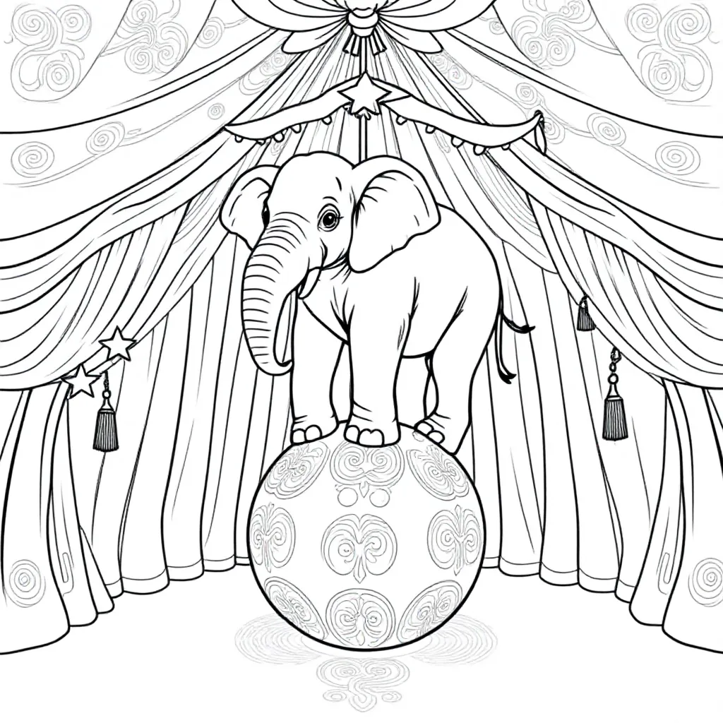 Een Olifant Op Een Ronde Bal In Een Circus Tent coloring page for children