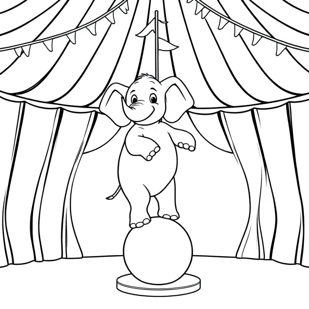 Een Olifant Op Een Ronde Bal In Een Circus Tent coloring page for children