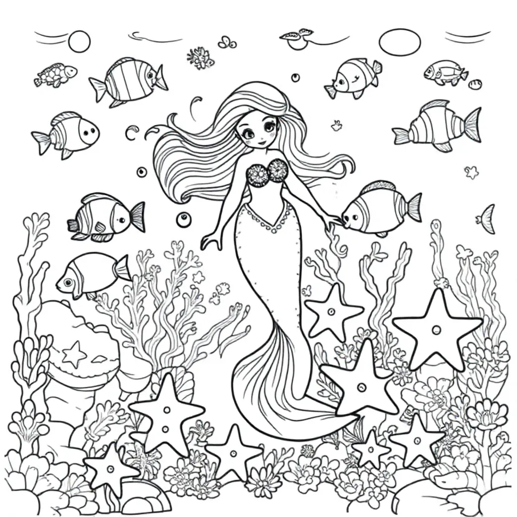 Een Onderwaterwereld Vol Met Vissen Zeesterren En Een Zeemeermin coloring page for children