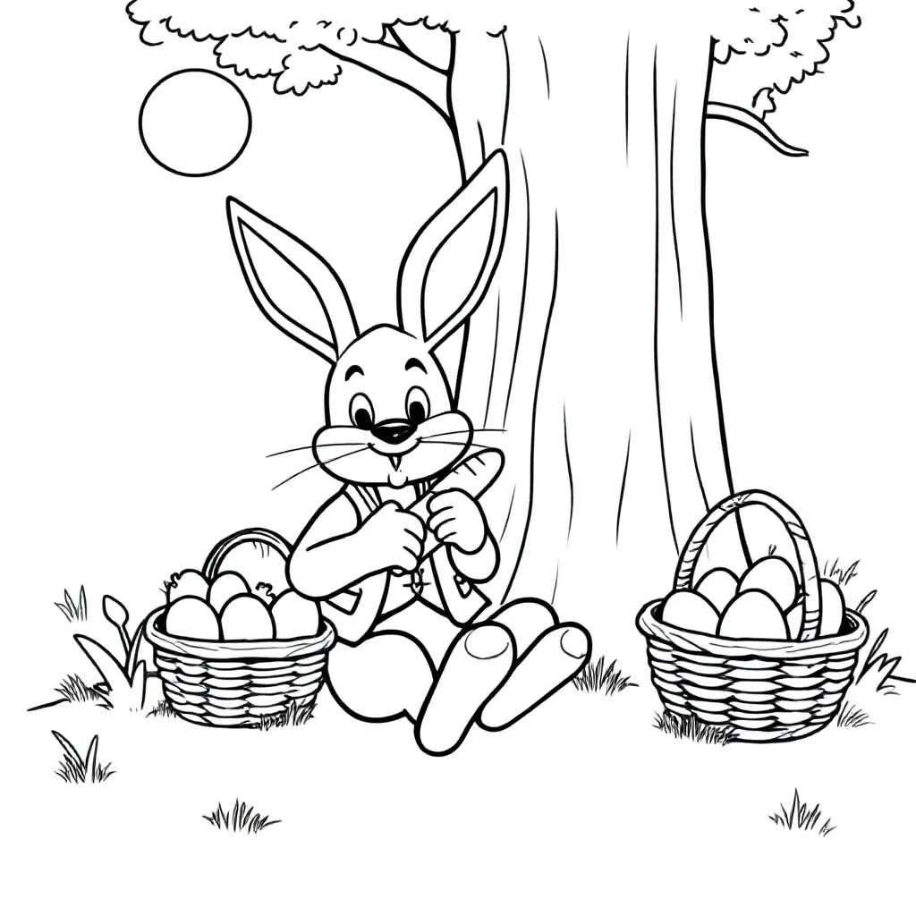 Een Paashaas Die Op De Grond Tegen Een Boom Aan Zit Met E... coloring page for children