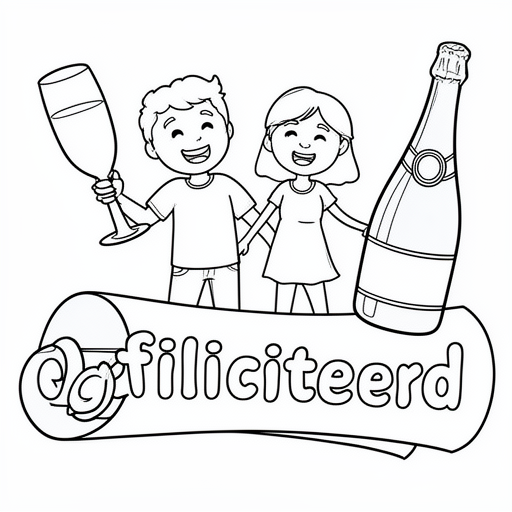 een papier met een krul erop en mensen die blij zijn er om heen plus een vles champange kleurplaat v