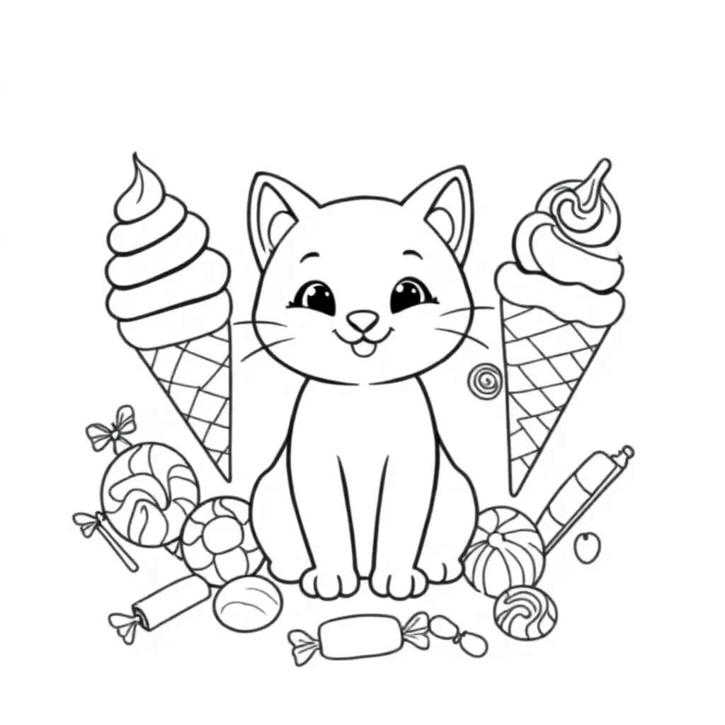 Een Poes Met Ijsjes En Snoepjes Rond Zich Heen coloring page for children