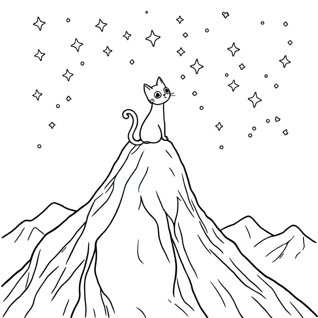 Een Poes Op Een Hele Hoge Berg Met Sterren In De Lucht Kleurplaat coloring page for children