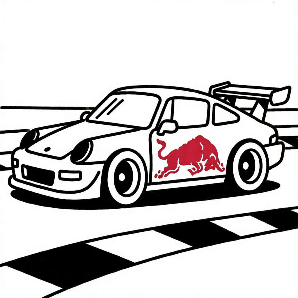 een racecircuit met een raceauto met een logo van redbull coloring page for children