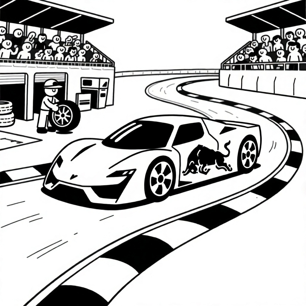 een racecircuit met een raceauto met een logo van redbull coloring page for children