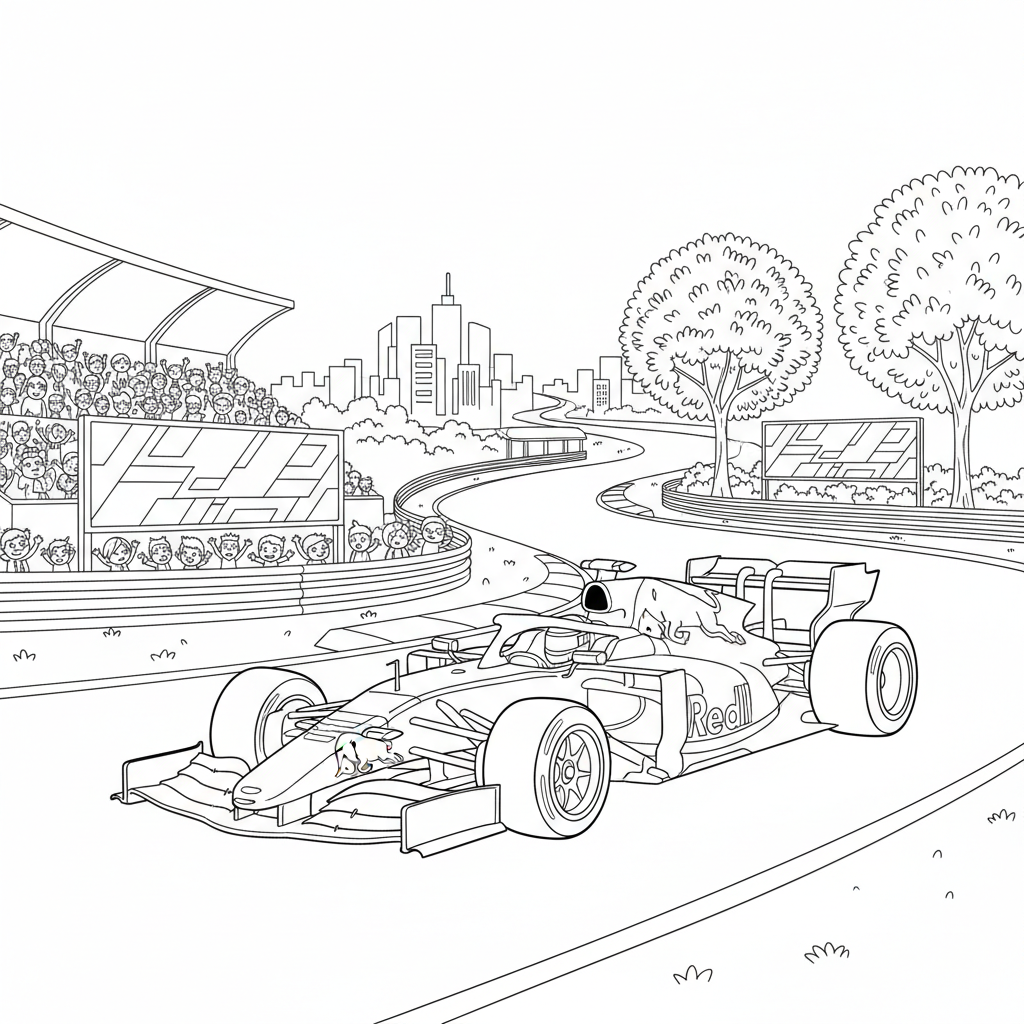 een racecircuit met een raceauto met een logo van redbull coloring page for children