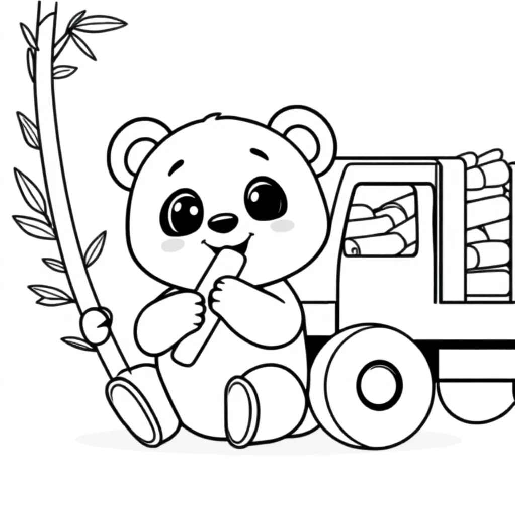 een schattige panda die enorm veel bamboe eet uit een vrachtwagen kleurplaat voor kinderen